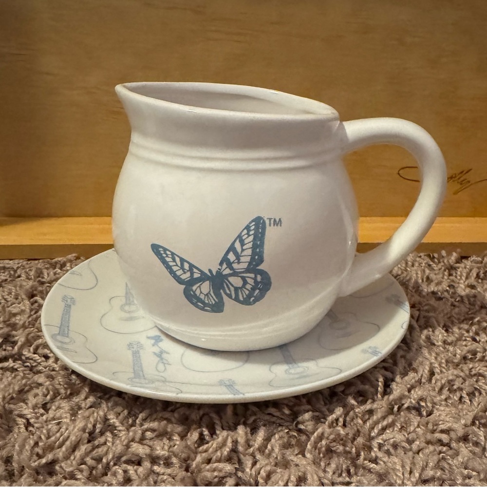 Dolly Parton White and Blue Butterfly creamer Pitcher with Saucer